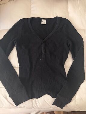 TNA Black Ribbed Henley Long-Sleeve Top